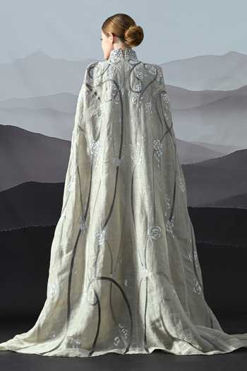 Shop_Samant Chauhan_Grey Linen Embroidery Choker Neck Tonal Gown _at_Aza_Fashions
