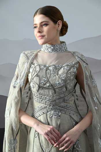 Buy_Samant Chauhan_Grey Linen Embroidery Choker Neck Tonal Gown _Online_at_Aza_Fashions