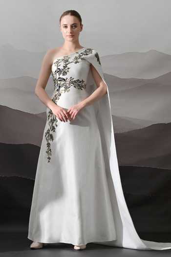 Buy_Samant Chauhan_Ivory Silk, Cotton Embroidery, Zari One Shoulder Sculpted Gown _at_Aza_Fashions