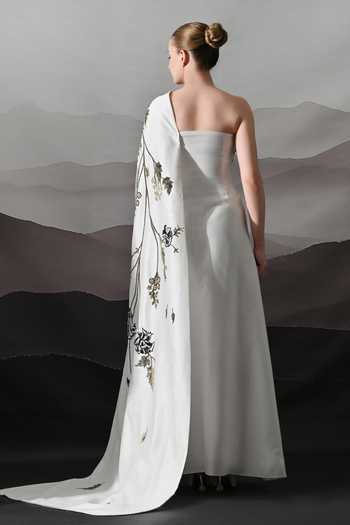 Shop_Samant Chauhan_Ivory Silk, Cotton Embroidery, Zari One Shoulder Sculpted Gown _at_Aza_Fashions