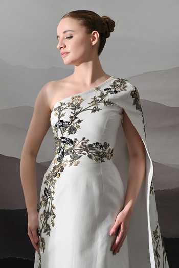Buy_Samant Chauhan_Ivory Silk, Cotton Embroidery, Zari One Shoulder Sculpted Gown _Online_at_Aza_Fashions