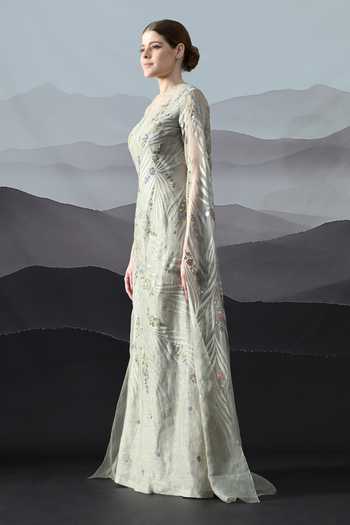 Samant Chauhan_Grey Linen Embroidery Round Neck Floral Gown _Online_at_Aza_Fashions