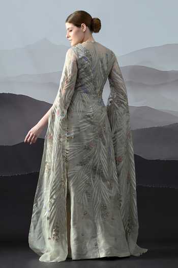 Shop_Samant Chauhan_Grey Linen Embroidery Round Neck Floral Gown _at_Aza_Fashions
