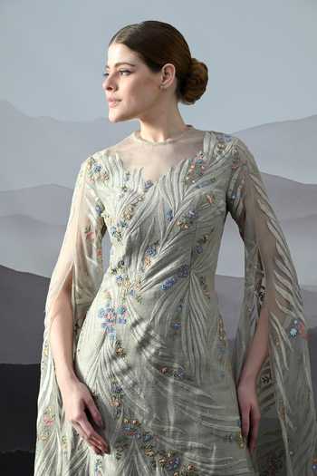 Buy_Samant Chauhan_Grey Linen Embroidery Round Neck Floral Gown _Online_at_Aza_Fashions