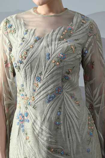 Shop_Samant Chauhan_Grey Linen Embroidery Round Neck Floral Gown _Online_at_Aza_Fashions