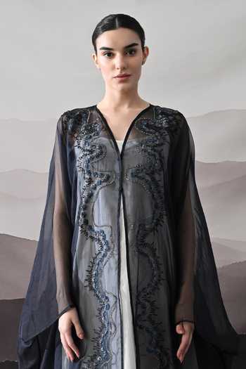 Buy_Samant Chauhan_Black Organza V-neck Embroidered Kaftan _Online_at_Aza_Fashions