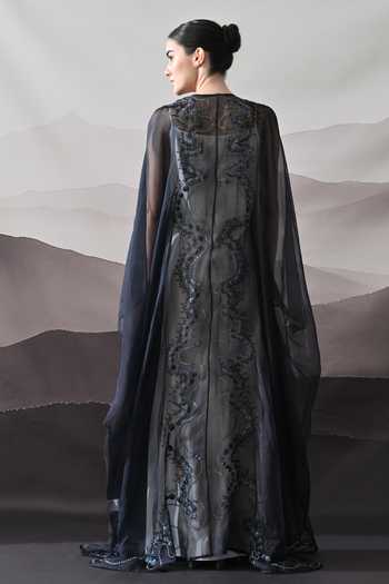 Shop_Samant Chauhan_Black Organza V-neck Embroidered Kaftan _at_Aza_Fashions
