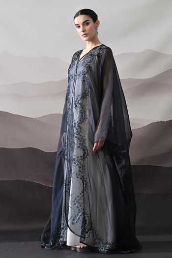 Shop_Samant Chauhan_Black Organza V-neck Embroidered Kaftan _Online_at_Aza_Fashions