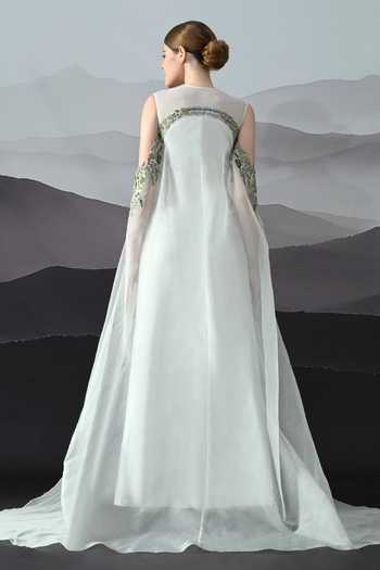 Shop_Samant Chauhan_Ivory Silk, Cotton, Organza Embroidery High Neck Hand Gown _at_Aza_Fashions