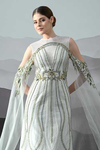 Samant Chauhan_Ivory Silk, Cotton, Organza Embroidery High Neck Hand Gown _Online_at_Aza_Fashions