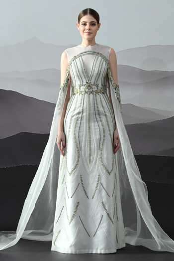 Buy_Samant Chauhan_Ivory Silk, Cotton, Organza Embroidery High Neck Hand Gown _Online_at_Aza_Fashions