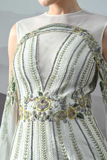 Samant Chauhan_Ivory Silk, Cotton, Organza Embroidery High Neck Hand Gown _at_Aza_Fashions