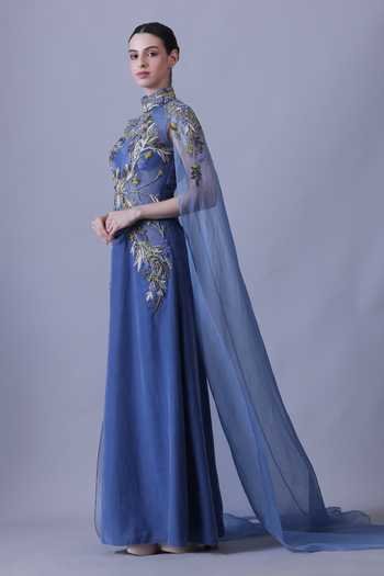 Samant Chauhan_Blue Silk, Cotton, Net Embroidery High Neck Hand Gown _Online_at_Aza_Fashions