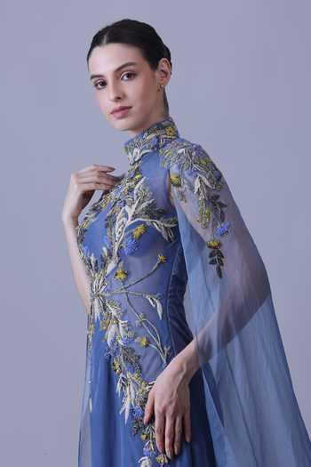 Buy_Samant Chauhan_Blue Silk, Cotton, Net Embroidery High Neck Hand Gown _Online_at_Aza_Fashions