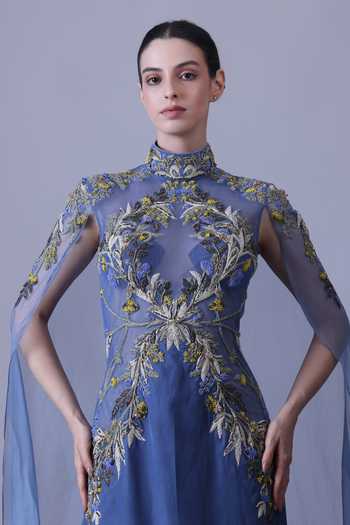 Shop_Samant Chauhan_Blue Silk, Cotton, Net Embroidery High Neck Hand Gown _Online_at_Aza_Fashions