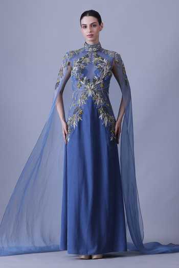 Buy_Samant Chauhan_Blue Silk, Cotton, Net Embroidery High Neck Hand Gown _at_Aza_Fashions