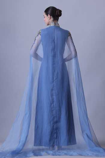 Shop_Samant Chauhan_Blue Silk, Cotton, Net Embroidery High Neck Hand Gown _at_Aza_Fashions
