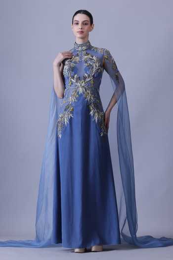 Samant Chauhan_Blue Silk, Cotton, Net Embroidery High Neck Hand Gown _at_Aza_Fashions
