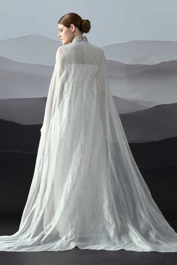 Shop_Samant Chauhan_Ivory Silk, Cotton, Organza Embroidery High Neck Hand Gown _at_Aza_Fashions