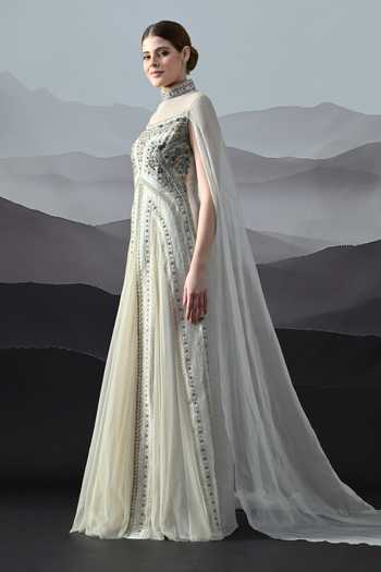 Samant Chauhan_Ivory Silk, Cotton, Organza Embroidery High Neck Hand Gown _Online_at_Aza_Fashions