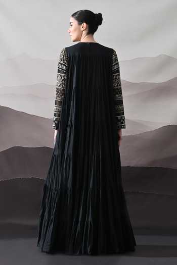 Shop_Samant Chauhan_Black Silk, Cotton, Linen Embroidery Round Neck Artisanal Gown _at_Aza_Fashions