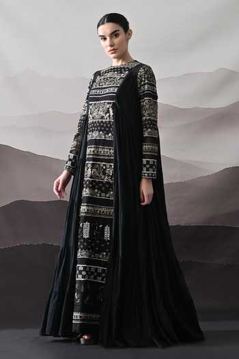 Samant Chauhan_Black Silk, Cotton, Linen Embroidery Round Neck Artisanal Gown _Online_at_Aza_Fashions