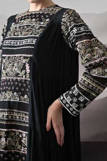 Buy_Samant Chauhan_Black Silk, Cotton, Linen Embroidery Round Neck Artisanal Gown _Online_at_Aza_Fashions
