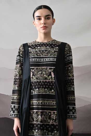Shop_Samant Chauhan_Black Silk, Cotton, Linen Embroidery Round Neck Artisanal Gown _Online_at_Aza_Fashions