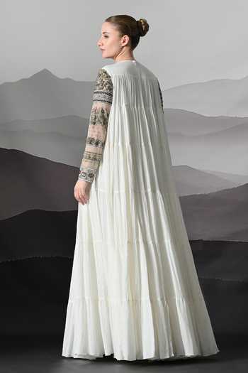 Shop_Samant Chauhan_Ivory Silk, Cotton, Linen Embroidery Round Neck Gown _at_Aza_Fashions