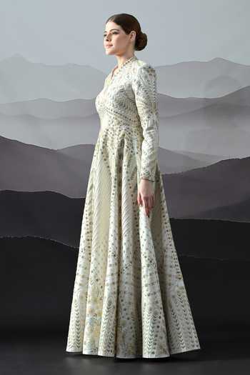 Samant Chauhan_Ivory Silk, Cotton, Linen Embroidery Round Neck Gown _Online_at_Aza_Fashions