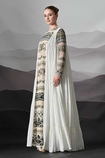 Buy_Samant Chauhan_Ivory Silk, Cotton, Linen Embroidery Round Neck Gown _Online_at_Aza_Fashions