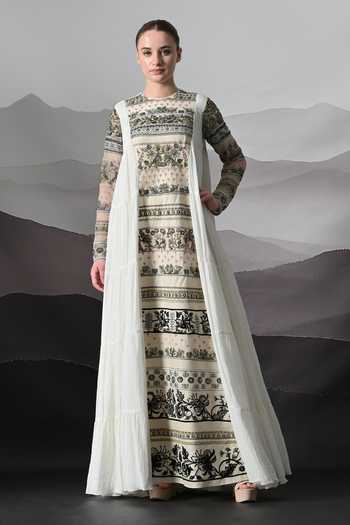 Buy_Samant Chauhan_Ivory Silk, Cotton, Linen Embroidery Round Neck Gown _at_Aza_Fashions