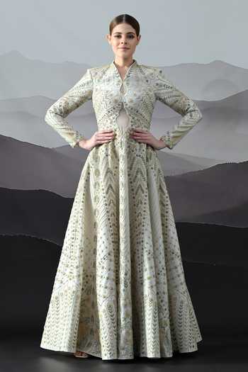 Samant Chauhan_Ivory Silk, Cotton, Linen Embroidery Round Neck Gown _at_Aza_Fashions