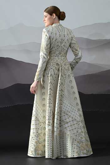 Buy_Samant Chauhan_Ivory Silk, Cotton, Linen Embroidery Round Neck Gown 