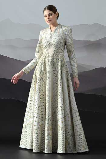 Shop_Samant Chauhan_Ivory Silk, Cotton, Linen Embroidery Round Neck Gown 