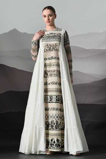 Samant Chauhan_Ivory Silk, Cotton, Linen Embroidery Round Neck Gown _Online