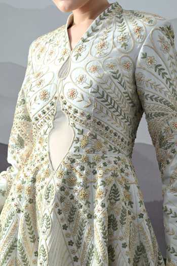 Buy_Samant Chauhan_Ivory Silk, Cotton, Linen Embroidery Round Neck Gown _Online
