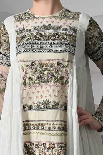 Shop_Samant Chauhan_Ivory Silk, Cotton, Linen Embroidery Round Neck Gown _Online