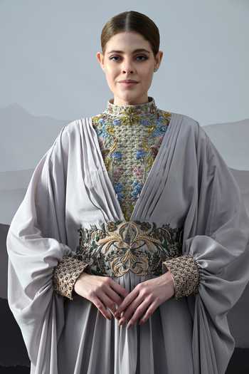 Samant Chauhan_Grey Crepe High Neck Hand Embroidered Kaftan _Online_at_Aza_Fashions
