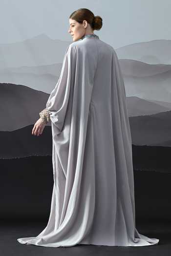 Shop_Samant Chauhan_Grey Crepe High Neck Hand Embroidered Kaftan _at_Aza_Fashions