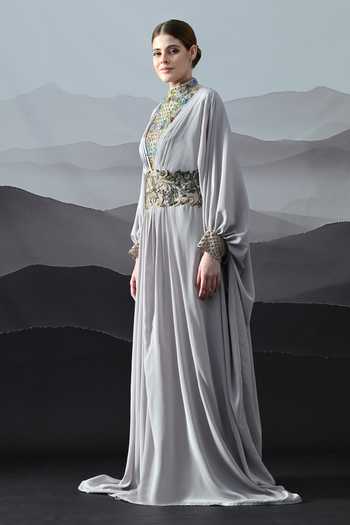 Buy_Samant Chauhan_Grey Crepe High Neck Hand Embroidered Kaftan _Online_at_Aza_Fashions