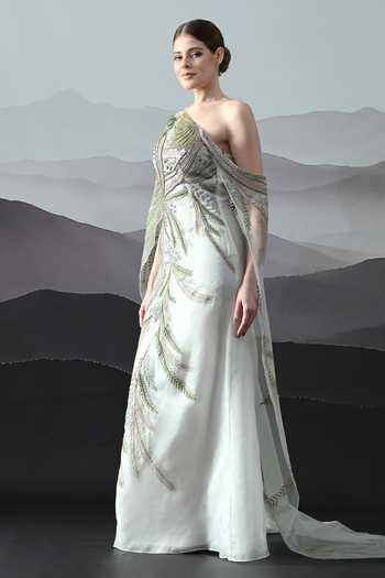 Samant Chauhan_Ivory Silk, Cotton, Organza Embroidery One Shoulder Hand Gown _Online_at_Aza_Fashions