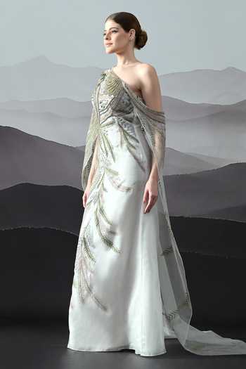 Buy_Samant Chauhan_Ivory Silk, Cotton, Organza Embroidery One Shoulder Hand Gown _Online_at_Aza_Fashions