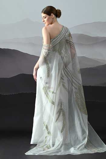 Shop_Samant Chauhan_Ivory Silk, Cotton, Organza Embroidery One Shoulder Hand Gown _Online_at_Aza_Fashions