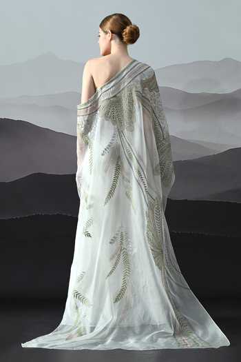 Shop_Samant Chauhan_Ivory Silk, Cotton, Organza Embroidery One Shoulder Hand Gown _at_Aza_Fashions