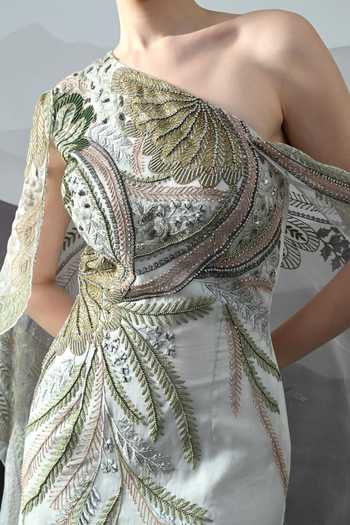 Samant Chauhan_Ivory Silk, Cotton, Organza Embroidery One Shoulder Hand Gown _at_Aza_Fashions