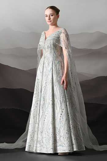 Samant Chauhan_Ivory Silk, Cotton, Organza Embroidery, Metallic Thread V-neck Hand And Gown _Online_at_Aza_Fashions