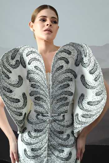 Samant Chauhan_Ivory Silk, Cotton Embroidery, Metallic Thread V-neck Resham Gown _at_Aza_Fashions