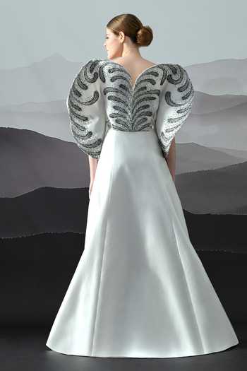 Shop_Samant Chauhan_Ivory Silk, Cotton Embroidery, Metallic Thread V-neck Resham Gown _at_Aza_Fashions