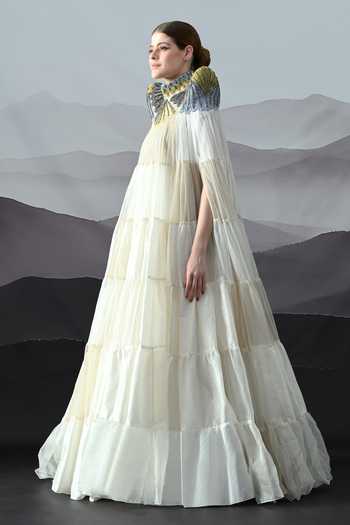 Samant Chauhan_Ivory Organza Embroidery, Metallic Thread High Neck Placed Gown _Online_at_Aza_Fashions